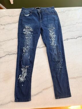 Enjean Juniors Distressed Skinny Jeans - Dark Blue